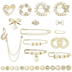 Золотой 28шт 28 стили пластиковая имитация жемчужных бусин брошь, со стразами и сплавочной фурнитурой, латунная брошь-булавка для килта, пластиковые защитные броши, наборы, золотые, 10~152x7.5~58x2.5~13.5 мм, 1 шт / стиль