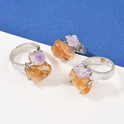 Платина Кольца-манжеты с натуральным аметистом и желтым кварцем, латунные регулируемые кольца для женщин, долговечный, платина, платина, 18~22 мм, внутренний диаметр: 17.5~18 мм