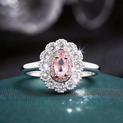 Pink Латунные микро проложить пальцев кольца кубического циркония, овальные, широкая полоса кольца, серебряные, розовые, размер США 6 (16.5 мм)