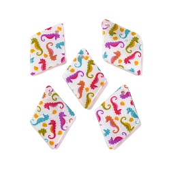 Разноцветный Природные подвески оболочки пресноводных, подвески в виде ромбов с принтом «морской конек», красочный, 21x14x2 мм, отверстие : 1.2 мм