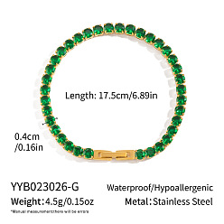 Green 4MM 304 Stainless Steel Pave Cubic Zirconia Tennis Bracelets for Women, Real 18K Gold Plated, Green, 6.89 inch(17.5cm)