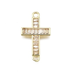 Настоящее золото 18K Латунные микро-паве прозрачные кубические цирконии религиозные крестообразные соединители подвески, долговечный, без свинца и без кадмия, реальный 18 k позолоченный, 26x15x2 мм, отверстие : 2 мм