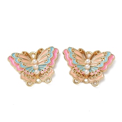 Pink Alloy with Enamel Chandelier Component Links, with ABS Plastic Imitation Pearl, Butterfly, Cadmium Free & Nickel Free & Lead Free, Golden, Pink, 15.5x21.5x3mm, Hole: 1.2mm