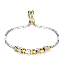 Golden & Stainless Steel Color Duo Tone Adjustable 304 Stainless Steel Crystal Rhinestone Beads Slider Bracelets, Round & Column, Golden & Stainless Steel Color, 5.91~7.87 inch(15~20cm)