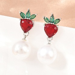Платина Серьги-гвоздики из клубничной латуни с микропаве из кубического циркония, с абс пластмассовой имитационной жемчужиной, без кадмия и без свинца, долговечный, стойки покрытие, платина, 31x11.5 мм