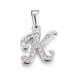 Letter K 304 Stainless Steel Pendants, with Rhinestone, Letter, Letter.K, 19.5x18x2mm, Hole: 3~3.5x7.5~8mm