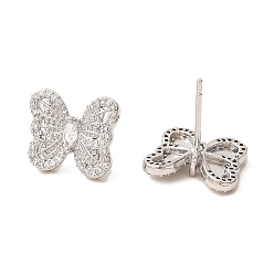 Platinum Butterfly Brass Micro Pave Cubic Zirconia Stud Earrings, Long-Lasting Plated, Lead Free & Cadmium Free, Platinum, 11.5x13.5mm