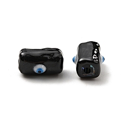 Black Opaque Glass Beads, with Enamel, Rectangle with Evil Eye Pattern, Black, 13x9.5x7mm, Hole: 1.6mm