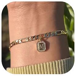 Letter M 304 браслеты с подвесками из нержавеющей стали и кристаллами горного хрусталя, браслеты-цепочки Фигаро для женщин, прямоугольник с буквой, золотые, Буква М, 6-3/4 дюйм (17 см)
