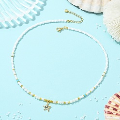 Морская звезда Подвеска из латуни с синими кубическими циркониями в виде морских животных, украшенная натуральными ракушками и стеклянным бисером, для женщин., цветочный белый, реальный 18 k позолоченный, морская звезда, 16.14 дюйм (41 см), подвеска: 13x10x3мм.