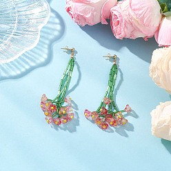 Pink Латунные стекла болтаются серьги, цветок, с 304 нержавеющей стали, розовые, 90 мм