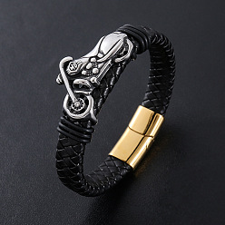 Античный Серебристый & Золотой Браслеты из плетеного шнура из искусственной кожи в стиле панк, 304 Браслеты с подвесками в виде мотоциклов из нержавеющей стали для мужчин, с магнитной застежкой, старинное серебро & золотой, 8.27 дюйм (21 см)