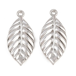 Platinum Alloy Pendants, Textured Leaf Charms, Rack Plating, Cadmium Free & Lead Free, Platinum, 30.5x14x3mm, Hole: 1.8mm