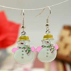White Fashion Earrings for Christmas, with Enameled Alloy Pendants and Brass Earring Hooks, White, 41mm