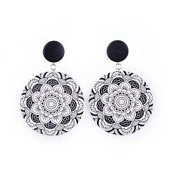 Черный Окрашенные деревянные серьги-гвоздики с рисунком, с плоскими круглыми бусинами из окрашенной груши и 304 из нержавеющей стали, пластиковые гайки для ушей, чёрные, 88 мм , штифт: 0.7 мм