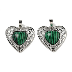 Malachite Synthetic Malachite Peach Love Heart Pendants, Rack Plating Brass Hollow Heart Charms, Cadmium Free & Lead Free, 29.5x30.5x7.5mm, Hole: 7.5x5mm