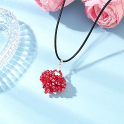 Красный Гальванизированный стеклянный бисер кулон в форме сердца ожерелья из черного вощеного хлопкового шнура для женщин, платина, красные, 17.52 дюйм (44.5 см)