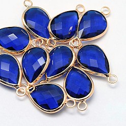 Синий Золотистые латунные стеклянные каплевидные соединители, синие, 21x11x5 мм, отверстие : 2 мм