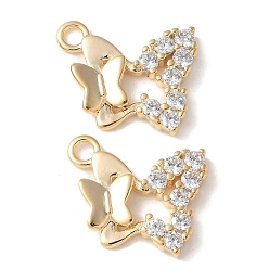 Настоящее золото 18K Латунные микропаве прозрачные подвески с фианитом, бабочки прелести, без кадмия и без свинца, долговечный, стойки покрытие, с целью перехода в кольце, реальный 18 k позолоченный, 11x13.5x2 мм, отверстие : 1.6 мм