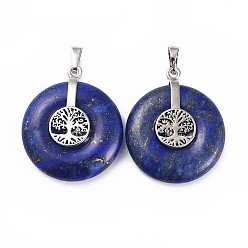 Lapis Lazuli Natural Lapis Lazuli Pendants, with Platinum Tone Brass Findings, Donut/Pi Disc with Tree of Life, 35.5x30x8.5~9.5mm, Hole: 4.5x6.5mm