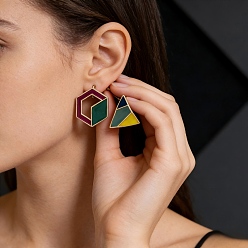 Темно-Зеленый Серьги-гвоздики из сплава и акрила, шестиугольник и треугольник, слева и справа, темно-зеленый, 15~20 мм