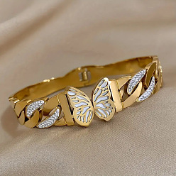 Золотой 304 Шарнирные браслеты из нержавеющей стали со стразами для женщин, бабочка, золотые, внутренний диаметр: 2-1/2 дюйм (6.2 см)