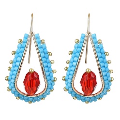 Темно-бирюзовый Серьги с подвесками из семян ручной работы, с  латунными крючками для серег, слеза, золотые, темные бирюзовый, 36.5x21 мм