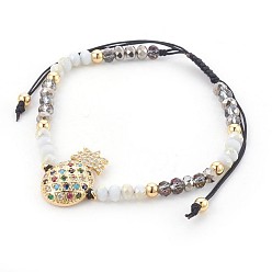 Colorful Glass Braided Bead Bracelets, with Brass and Cubic Zirconia, Pineapple, Colorful, 2 inch~3-3/8 inch(5~8.5cm)