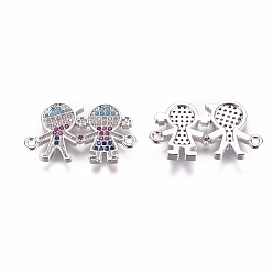 Платина День Святого Валентина тема, Соединители из латуни с микропаве и кубическим цирконием, мальчик и девочка / любовник, красочный, платина, 13.5x23.5x2 мм, отверстие : 1.2 мм