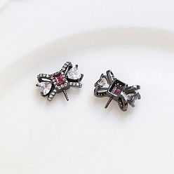 Gunmetal Brass Pave Clear Glass Bowknot Pins, for Baroque Pearl Making, Gunmetal, 17x11mm