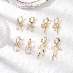 Золотой 4 пары латунных серег-колец с микропаве из прозрачного кубического циркония, бантом, золотые, 27~43x12.5~18.5 мм