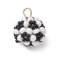 Черный Круглые подвески из стеклянных бусин, с круглой стеклянной жемчужиной и 304 штифтами с плоской головкой из нержавеющей стали, чёрные, 18x16 мм, отверстие : 3.5 мм