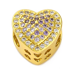 Фиолетовый Стойки обшивки латунь микро проложить кубического циркония бусы, долговечный, без кадмия и без свинца, сердце, реальный 18 k позолоченный, фиолетовые, 12x12x9.5 мм, отверстие : 5 мм