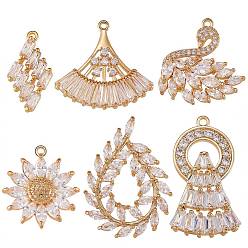Golden 6Pcs 6 Style Brass Micro Pave Clear Cubic Zirconia Pendants, Mix-shaped, Golden, 18~28x10~22x2~5.5mm, Hole: 1~3x1~1.5mm, 1pc/style