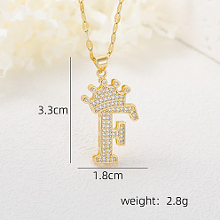 Letter F Хип-хоп латунные микропаве кубические цирконии корона инициал подвеска ожерелья, 304 ожерелья из нержавеющей стали с цепочкой для женщин, золотые, Буква F, 15.75 дюйм (40 см)
