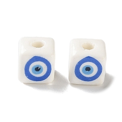 Cube White Base Blue Evil Eye Hand Painted Ceramic Porcelain Beads, Cube, 8x7.5x8mm, Hole: 2.5mm