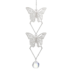Stainless Steel Color 304 Stainless Steel Rose Butterfly Suncatchers, Faceted Round Glass Charm Prism for Window Decor, Stainless Steel Color, 295mm