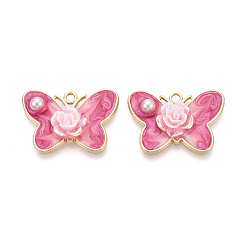 Ярко-Розовый Подвески из эмали, АБС-пластика, искусственного жемчуга и акрила с гальваническим покрытием., подвески в виде бабочек и цветов, золотые, без кадмия, без никеля и без свинца, ярко-розовый, 18.5x25.5x5.5 мм, отверстие : 1.8 мм