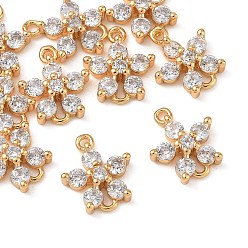Chapado en Oro Real 18K Dijes conectores de latón pavé de circonita cúbica transparente de Shegrace, enlaces de flores, sin cadmio, plomo, níquel, real 18 k chapado en oro, 11x9.5x3 mm, agujero: 1 mm