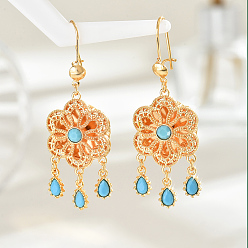 Синий Серьги-кольца с кисточками из кубического циркония из сплава, золотые, синие, 70x24 мм