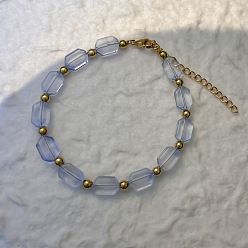 Cornflower Blue 201 Stainless Steel Round & Handmade Lampwork Hexagon Beaded Bracelets, Golden, Cornflower Blue, 6.69 inch(17cm)