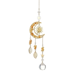 Oro Luna de latón y atrapasueños de topacio natural y fragmentos de jade, Adorno colgante de pared con forma de prisma redondo de hoja de metal y cristal, oro, 280 mm