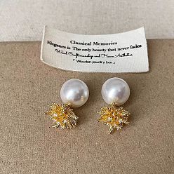 Золотой Серьги-гвоздики из сплава и искусственного жемчуга, круг с фейерверками, золотые, 20 мм