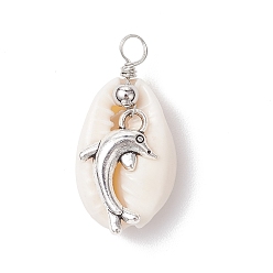 Dolphin Подвески из натуральной ракушки каури и сплава с морскими животными, морские подвески с петлями из медной проволоки, античное серебро, дельфин, 27x14x11 мм, отверстие : 3.3 мм