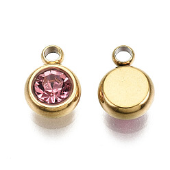 Rose Vacuum Plating 201 Stainless Steel Rhinestone Charms, Birthstone Charms, Flat Round, Real 18K Gold Plated, Rose, 8.5x6x3mm, Hole: 1.5mm