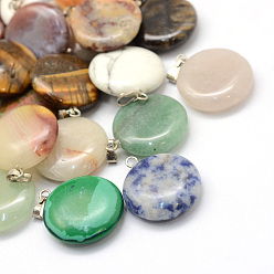 Смешанные камни Плоские круглые подвески из натуральных и синтетических камней, с латунной фурнитурой платинового цвета, 22~25x19~21x5~7 мм, отверстие : 2x7 мм
