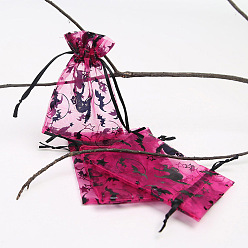 Bat Прямоугольные сумки из органзы на шнурке, пакеты для хранения конфет горячего тиснения, подарочный пакет на Хэллоуин, камелия, летучая мышь, 15x10 см