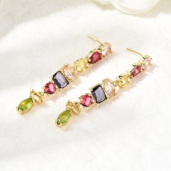 Разноцветный Прямоугольные серьги-гвоздики из латуни с микропаве и цирконием, без кадмия и без свинца, стойки покрытие, долговечный, реальный 18 k позолоченный, красочный, 51.5x8 мм