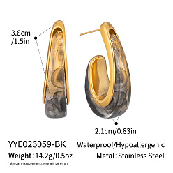 Gris 304 Pendientes de resina de acero inoxidable para mujer, pendientes de medio aro, dorado, gris, 38x21 mm