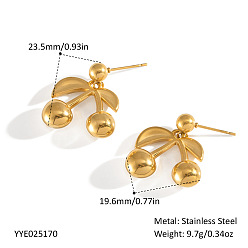 Настоящее золото 18K Европейские 304 серьги-гвоздики из нержавеющей стали с вишнями для женщин, реальный 18 k позолоченный, 23.5x196 мм